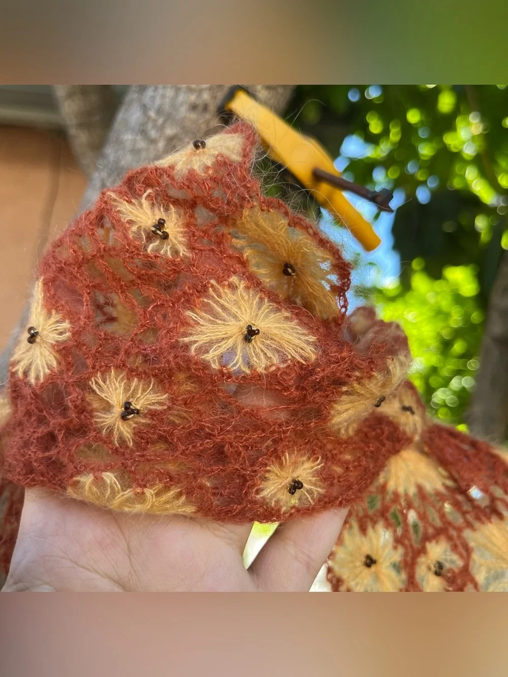 Rust & Yellow Floral Crochet Scarf with Beaded Details & Fringe.